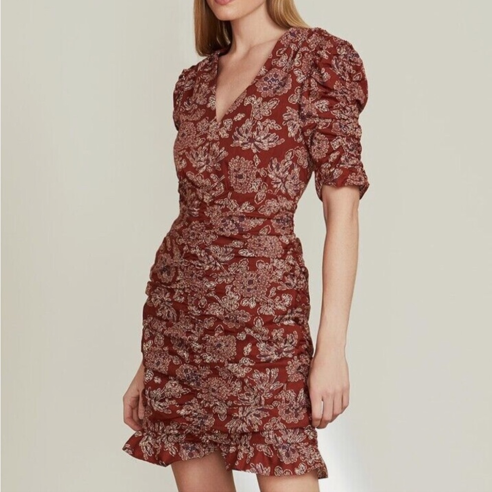 Veronica Beard Josephine Rust Red Floral Ruched Puff Sleeve Mini Dress Size 10